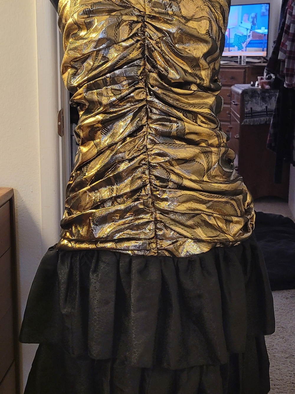 Hand Crafted Metallic Gold Ruched Bodice with Black Ruffle Mini - Picture 3 of 5